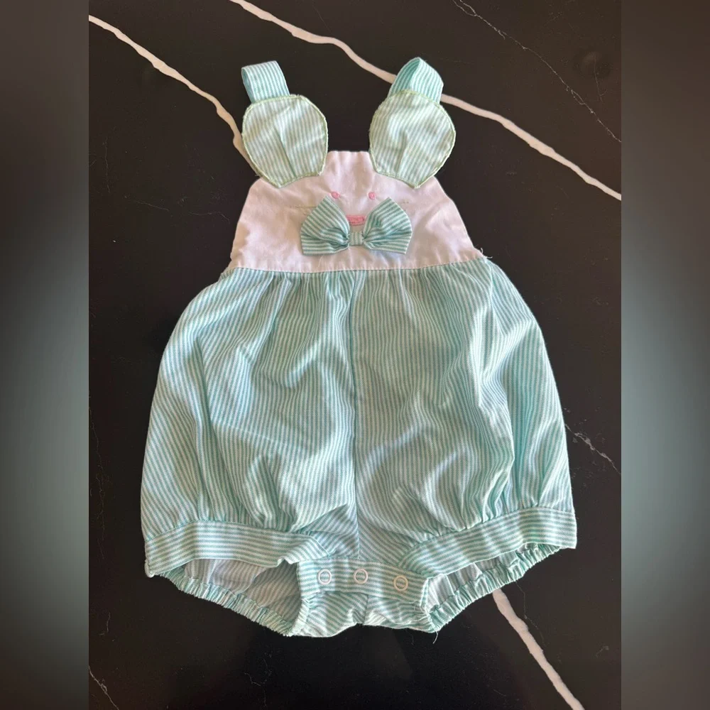 Vintage Striped‎ Baby Romper with Bunny Design